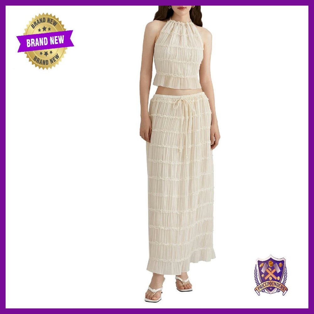 Maxi Skirt Set With Lace-Up Back Tank Top, High Waist Long Skirt